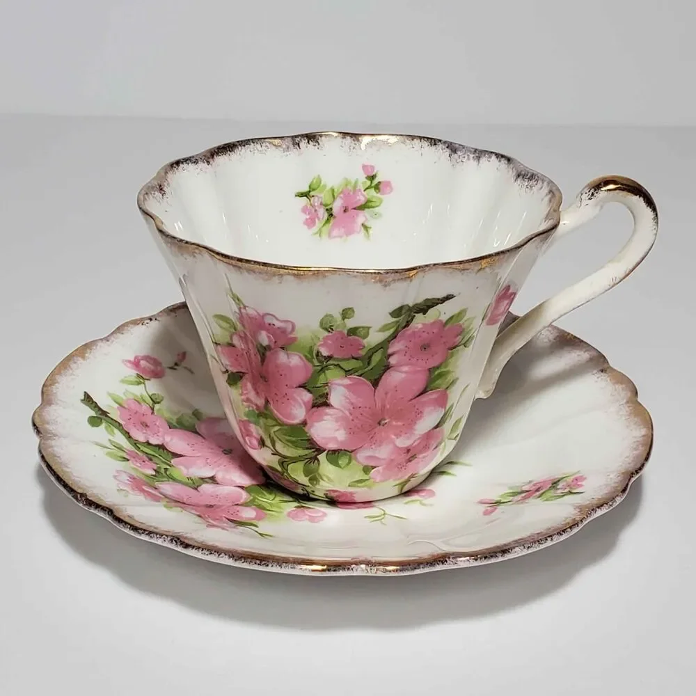 Gladstone Teacup and Saucer Pink Flowers Vintage
